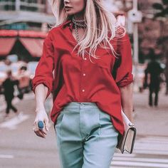 Loose Long Sleeve Red Shirt | Sheside Outwear Fashion, Red Tops, Loose Long Sleeve, Tshirt Outfits, Well Dressed, Dream Wardrobe, Asymmetric Hem, Shirt Outfit