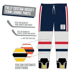 Get comfy in a pair of our hockey lounge pants with a fun player design, whether at home or the rink these lounge pants are sure to be a hit for all occasions.  These lounge pants are made from 100% performance polyester, which make them great to wear year round.  Our lounge pants also feature a comfortable elastic waistband with a drawstring, along with side pockets and elastic ankles.  A pair of these lounge pants make for a great team gift for any occasion.  Choose your custom colors.  You ca Team Spirit Bottoms For Sports Season, Team Spirit Bottoms For Sports Season Events, Custom Pants, Great Team, Hockey Teams, Team Gifts, Lounge Pants, Team Logo, Swim Trunk