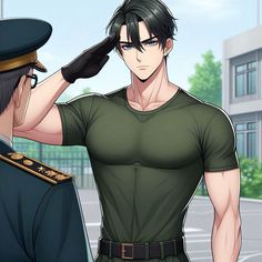 an anime character saluting another man in uniform