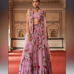 Loved This Pink Floral Lehenga! Bought From Pernias Pop Up Shop And Worn 1 Time With No Damage. Listed Size Is Xl, Fits An Us 8-10 /Uk12 Bust 40in (At Largest, Bottom Bust 36) Waist Max 34 (Adjustable With Tie) Hip 44 Hit Nearly Floor Length On Me At 5’9”, But Will Depend Where You Wear The Skirt On Your Waist/How Much Midriff You Want To Show. Elegant Floral Print Choli For Diwali, Elegant Floral Print Festive Lehenga, Festive Floral Print Sets For Reception, Bollywood Style Floral Print Floor-length Lehenga, Floral Print Choli For Eid Party, Fitted Floral Print Choli For Festive Occasions, Semi-stitched Floral Print Sharara For Wedding, Elegant Floral Print Choli For Festive Occasions, Festive Floral Print Fitted Lehenga