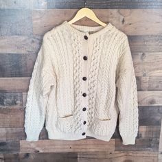 Vintage Carraig Donn 100% Wool Cream Chunky Knit Fisherman Cardigan Sz Large Men Vintage Pre Owned Pls See Pics For Condition And Wear Flaws Holes Easy Repair Thick Knit Heavyweight Vintage Cream Color 109% Pure New Wool Oversized Can Be Xl Approx Flat Lay Measurements 27" Pit To Pit 27" Length 29" Sleeve Length K3 Cream Fishermans Sweater, Fishermans Sweater, Fisherman Cardigan, Sweaters Vintage, Fisherman Sweater, Men Vintage, Chunky Knit, Flat Lay, Cream Color