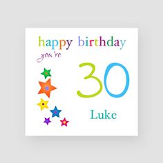 a happy birthday card with the number 30 and stars in rainbow colors on white background