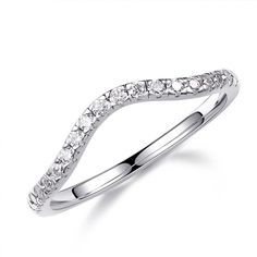 a white gold wedding ring with diamonds on the sides and an elegant curved design in the middle