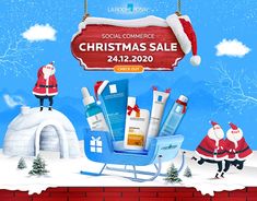 a christmas sale banner with santa claus on top of a snow covered hill and other items