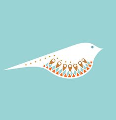 a white bird with orange and blue designs on its body, sitting on a light blue background