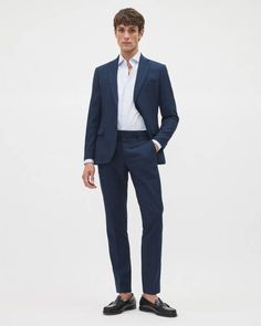 A modern, streamlined design in slightly stretch navy fabric, this essential suit pant is your new dressy closet must-have. 

Slim and Tailored fit available.

- Sits below the waist
- Slightly stretch
- 32'' inseam
- Pressed pleats
- Belt loops
- Slanted pockets
- Back pockets Navy Blue Suit Men, Navy Blue Suits, Capsule Wardrobe Men, Wardrobe Men, Blue Suit Men, Dress Pant Suit, Navy Blue Suit, Navy Blue Pants, Suit Pant