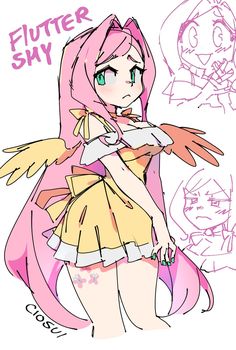 a drawing of a girl with pink hair and angel wings