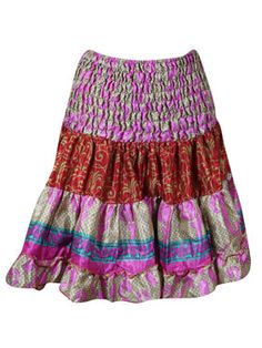 Womens Red  Ruched  Pink Floral Beach Recycle Silk Skirts S/M Boho Style Summer, Hippy Vibes, Silk Skirts, Elastic Skirt, Boho Fashion Summer, Patchwork Skirt, Boho Pants, Saree Fabric, Silk Skirt