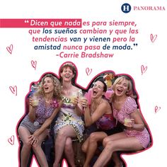 a group of women sitting next to each other on top of a poster with words written in spanish