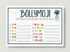 a card with the words bollymoi on it and an image of a camera