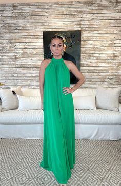 Green Sleeveless Halter Neck Jumpsuit | Bloom West Boutique Halterneck Jumpsuit, Classy Jumpsuit, Summer Jumpsuit, Halter Neck Jumpsuit, Jumpsuit Dressy, Jumpsuit Elegant, Maxi Gown Dress, Green Jumpsuit, Sweater Tank Top