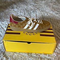 Gucci X Adidas, Chestnut Brown, Suede, Men’s Size 8, Never Used Designer Brown Sneakers With Round Toe, Designer Brown Round Toe Sneakers, Gucci Beige Low-top Sneakers, Luxury Gucci Beige Sneakers, Luxury Beige Gucci Sneakers, Gucci Brown Sneakers With Branded Heel, Gucci Brown Sneakers With Branded Heel Counter, Brown Gucci Designer Sneakers, Designer Brown Gucci Sneakers