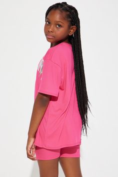 Available In Fuchsia. Matching Set Short Sleeve Crew Neck Foil "Queen" In Foil Ribbed Biker Short Foil Crown Model Wears Size 10/12 Disclaimer: Due To The Printing Process A Difference In Saturation May Occur. Each Garment Is Unique. 96% Polyester 4% Spandex Made In USA | Mini Queen Of The Playground Biker Short Set in Fuchsia size 6/6X by Fashion Nova Pink Short Sleeve Activewear For Loungewear, Pink Athleisure T-shirt For Spring, Pink Short Sleeve Activewear For Casual Wear, Sporty Pink T-shirt For Loungewear, Casual Pink Short-sleeve Activewear, Pink Crew Neck Activewear For Spring, Sporty Pink Tops For Playwear, Sporty Pink Top For Playwear, Pink T-shirt For Spring Playwear