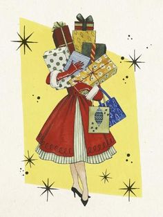 a drawing of a woman carrying presents in her arms