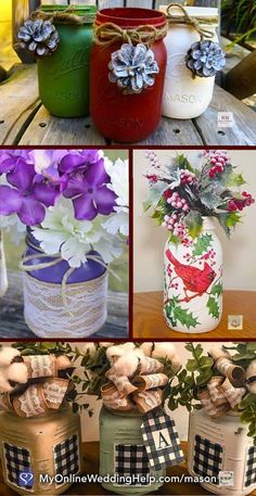 four different pictures of mason jars with flowers in them and pine cones on the lids