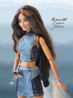 a barbie doll wearing a denim dress and holding a purse in her hand with the caption's name above it