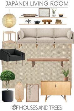 a living room design board with furniture and decor in neutral colors, including couches, tables