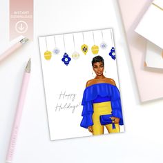 a card with an image of a woman in blue and yellow