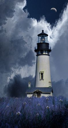 a white lighthouse surrounded by purple flowers under a cloudy sky with the moon in the distance