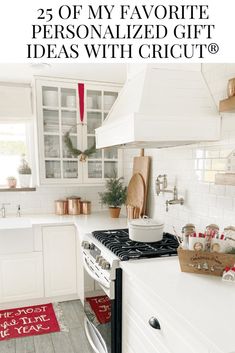 a kitchen with white cabinets and red rugs on the floor next to an oven