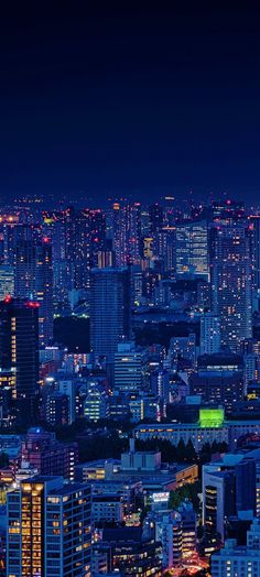 the city skyline is lit up at night with bright lights and skyscrapers in the background