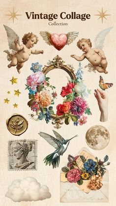 the vintage collage collection is filled with images and words, including flowers, hearts, angel