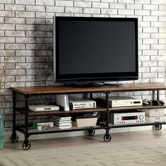 Benzara Ventura Ii Industrial 72" Tv Stand BM119866 Medium Oak Metal Wood Veneer & Others BM119866 Metal Tv Stand, Industrial Tv Stand, Oak Tv Stand, Vintage Industrial Furniture, Tv Stand Wood, Tv Stands And Entertainment Centers, Entertainment Room, Furniture Of America, Tv Console