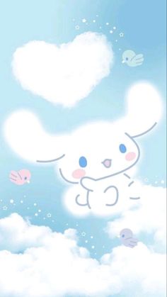 an animated bunny floating in the sky with clouds and fish around it, looking like he's smiling