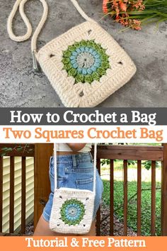 the crochet bag is made with two squares, and has a flower design on it