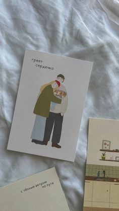 two postcards with an image of a man and woman hugging each other on a bed