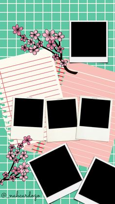 four polaroid frames sitting on top of a table next to pink flowers and papers