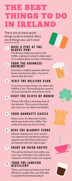 the best things to do in ireland info sheet with instructions on how to drink and what to eat