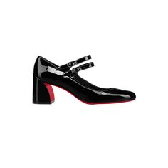 Christian Louboutin patent leather pumps. 2.3" block heel. Almond toe. Mary Jane straps at vamp. Signature Louboutin red leather sole. "Miss Jane" is imported. Black Mary Janes, Red Louboutin, Red Sole, Patent Leather Pumps, Leather Pumps, Mary Janes, Red Leather, Patent Leather, Block Heels