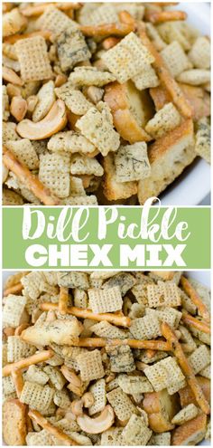 two different views of chex mix with the words, dille pickle chex mix