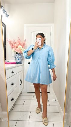 Grand Millennial Outfit Ootd | Outfit Inspo | Outfit Ideas | Fashion | Outfit of the Day | Baby Blue Dress | Puff Sleeve Pleated Dress | Preppy Style | Grand Millennial Style | Powder Blue Dress | Grandmillenial Style Outfit, Grand Millennial Style Outfits, Grand Millennial Outfits, Grandmillenial Style Clothing, Grandmillenial Style Interiors, Millennial Outfit, Powder Blue Dress, Millenial Fashion, Grandmillenial Style