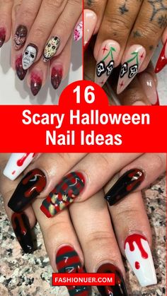 Get ready to rock the party with these 16 best scary Halloween nail ideas! From eerie spiderwebs to spooky skulls, these nail designs are sure to add a chilling touch to your Halloween look. Whether you prefer creepy creatures or haunted landscapes, these nail art ideas will make your fingertips the center of attention at any Halloween gathering. #HalloweenNailIdeas #ScaryNails #NailArt #HalloweenParty #NailDesigns Halloween Slasher Nails, Slasher Movie Nails, Scary Acrylic Nails, Scary Nails Halloween, Halloween Killer Nails, Horror Nail Art Designs, Spooky Nail Designs Ideas For Halloween, Horror Movies Nails, Halloween Nails Horror Movies