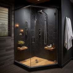 a walk in shower sitting inside of a bathroom