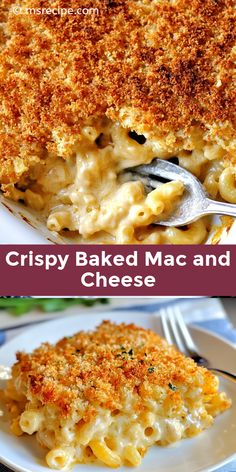 crispy baked macaroni and cheese casserole on a white plate