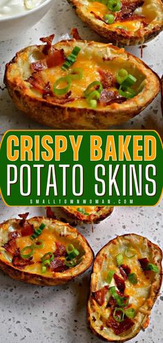 A simple appetizer recipe for all your entertaining! Both kids and adults love these Baked Potato Skins. Extra crispy and loaded with cheese, bacon, and green onions, these homemade potato skins are of restaurant quality. Variations for this finger food idea included! Crispy Potato Skins, Potatoe Skins Recipe, Baked Potato Skins, Crispy Baked Potatoes, Superbowl Party Food, Potato Skins, Super Bowl Food, Football Food