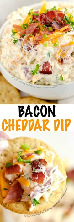 bacon cheddar dip in a white bowl with crackers