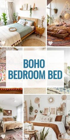 boho bedroom bed collage with various photos and text overlaying the image