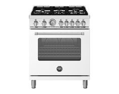 a white stove with four burners and two oven doors on each side, in front of a white background