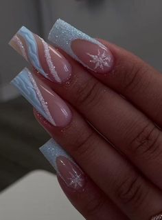 Blue Christmas Nails, December Nails, Winter Nails Acrylic, Sweater Nails, Snowflake Nails, Winter Nail Designs, Winter Nail