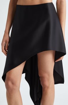 Literally all about the cut, this satin skirt is utterly undetailed, letting the asymmetry do the styling and the fluid drape sing with every step. 12" to 33" length (size Medium) Hidden back-zip closure Lined 87% triacetate, 13% polyethylene Dry clean Made in the USA Designer Clothing Asian & Pacific Islander Owned/Founded Party Skirt With Bias Cut And Relaxed Fit, Party Skirt With Bias Cut In Relaxed Fit, Formal Bottoms With Fitted Asymmetrical Hem, Party Skirt With Bias Cut, Formal Fitted Bottoms With Asymmetrical Hem, Chic Asymmetrical Evening Bottoms, Chic Asymmetrical Bottoms For Evening, Pre-draped Asymmetrical Skirt For Evening, Elegant Flowy Skirt With Handkerchief Hem