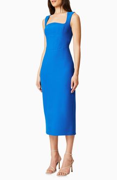 A corset-inspired bodice elevates the silhouette of this striking column dress designed with an eye-catching neckline. 48" length (size Medium) Hidden back-zip closure Square neck Sleeveless Unlined 95% polyester, 5% spandex Hand wash, line dry Imported Fitted Midi Dress With Structured Boning, Modern Blue Formal Dress, Elegant Blue Corset Dress For Formal Occasions, Blue Corset Dress With Boned Bodice For Formal Occasions, Fitted Blue Dress With Boned Bodice, Modern Blue Evening Dress, Fitted Blue Corset Dress For Evening, Blue Fitted Corset Dress For Evening, Blue Fitted Corset Dress For Gala