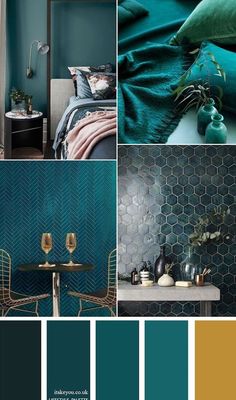 a collage of teal and gold color palettes for interior design, home decor