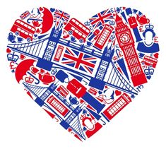 the shape of a heart with different symbols in red, white and blue on a white background