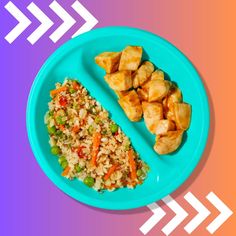 a blue plate topped with rice and veggies on top of a colorful background