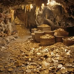 gold coins are scattered on the ground in a cave