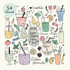 various smoothie drinks arranged in a circle with the words smoothie and lemonade